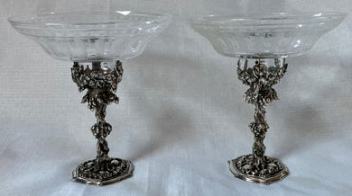 Early Victorian Pair of Naturalistic Comport Stands with Etched Glass Dishes. Elkington & Co. 1847.