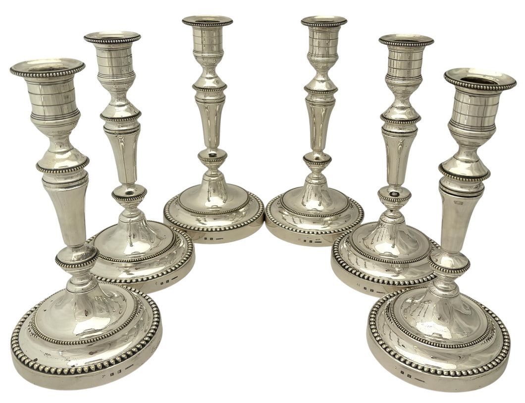 Christofle of Paris, Six 20th Century Silver Plated Candlesticks.