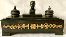 19th Century French Empire Style Ebonised Metalware Inkstand with Bust of Napoleon Bonaparte.