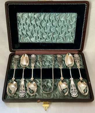 Aesthetic Movement Cased Set of Silver Plated Teaspoons & Sugar Tongs.