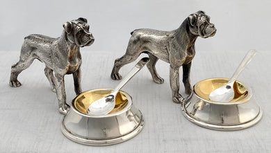 Pair of Novelty Silver Plated Boxer Dog Salts & Spoons with Gilded Bowls.