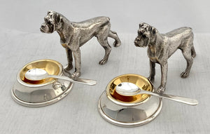 Pair of Novelty Silver Plated Boxer Dog Salts & Spoons with Gilded Bowls.