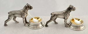 Pair of Novelty Silver Plated Boxer Dog Salts & Spoons with Gilded Bowls.