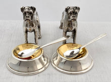 Pair of Novelty Silver Plated Boxer Dog Salts & Spoons with Gilded Bowls.