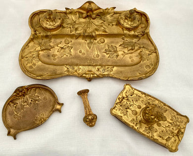 Late 19th Century French Gilt Bronze Aesthetic Desk Set, Signed E. Gros.