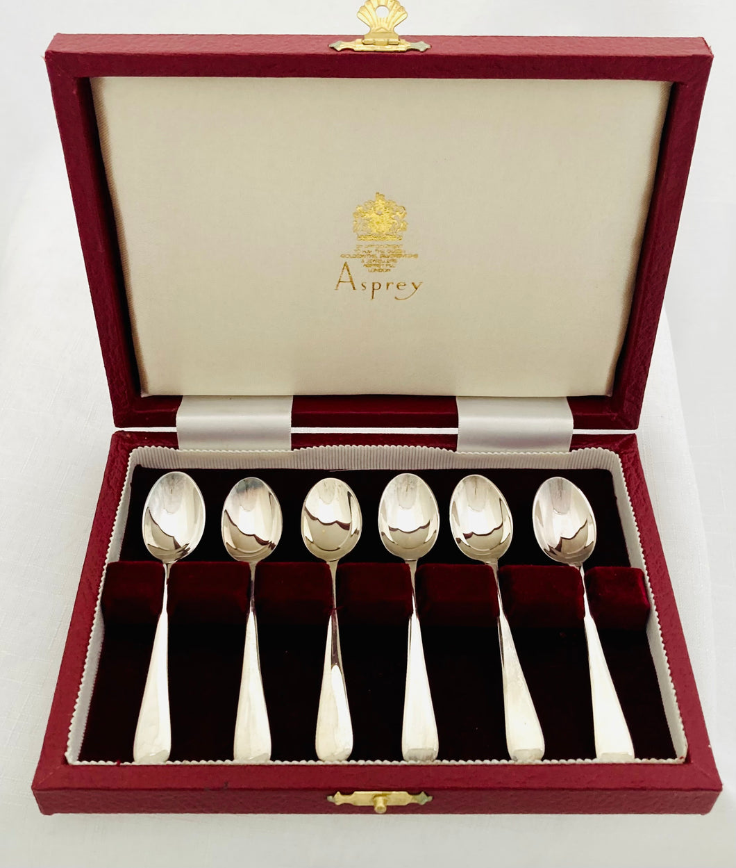 Elizabeth II Cased Set of Six Silver Demitasse Spoons. Sheffield 1990 Asprey Plc.