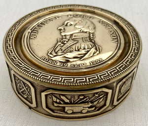 Early 19th Century Admiral Lord Nelson Circular Brass Snuff Box with Battle Honours.