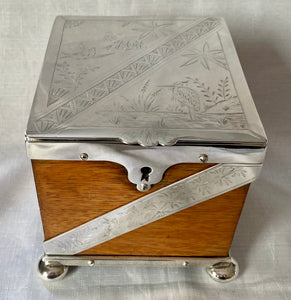 Victorian Aesthetic Movement Oak & Silver Plated Tea Caddy. Mappin & Webb circa 1870 - 1890.