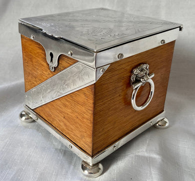 Victorian Aesthetic Movement Oak & Silver Plated Tea Caddy. Mappin & Webb circa 1870 - 1890.