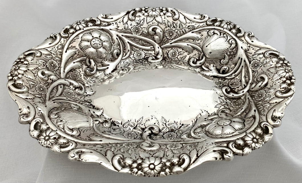 Victorian Foliate Repousse Silver Dish. London 1889, Sibray, Hall & Co. 7.8 troy ounces.