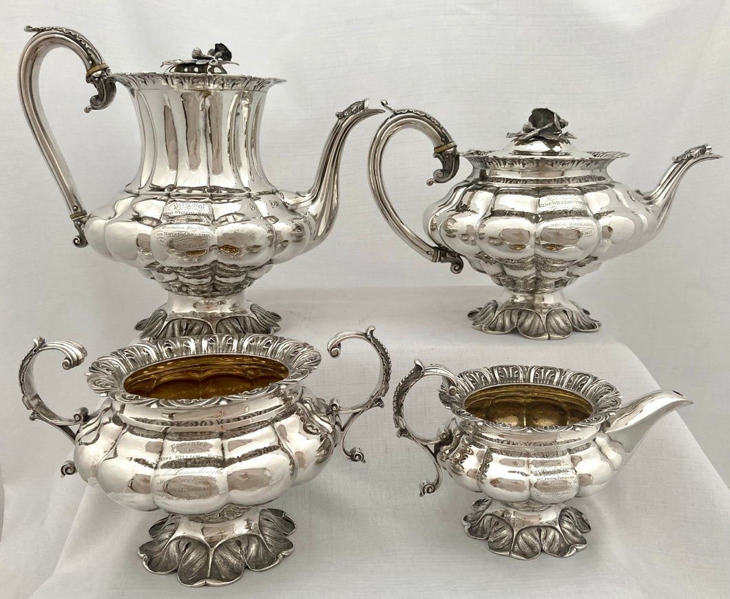 Silver Tea & Coffee Set Presented by King William IV Upon Launching the Miniature Frigate The Royal Adelaide. London 1833 Atkins & Somersall. 76 troy ounces.