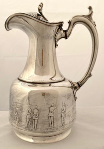 Late Victorian Silver Plated Hot Water Jug Engraved with Scenes of Soldiers.