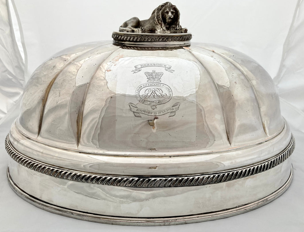 George IV Old Sheffield Plate Meat Dome, Insignia & Battle Honours for 15th The King's Light Dragoons.