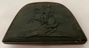 Early 19th Century Pressed Horn Bicorn Hat Snuff Box, "Napoleon au Mont St Bernard".