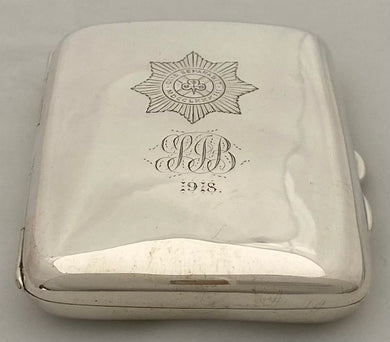 A First World War Silver Cigarette Case, with Irish Guards Cypher. Birmingham 1914 A & J Zimmerman Ltd. 3 troy ounces.