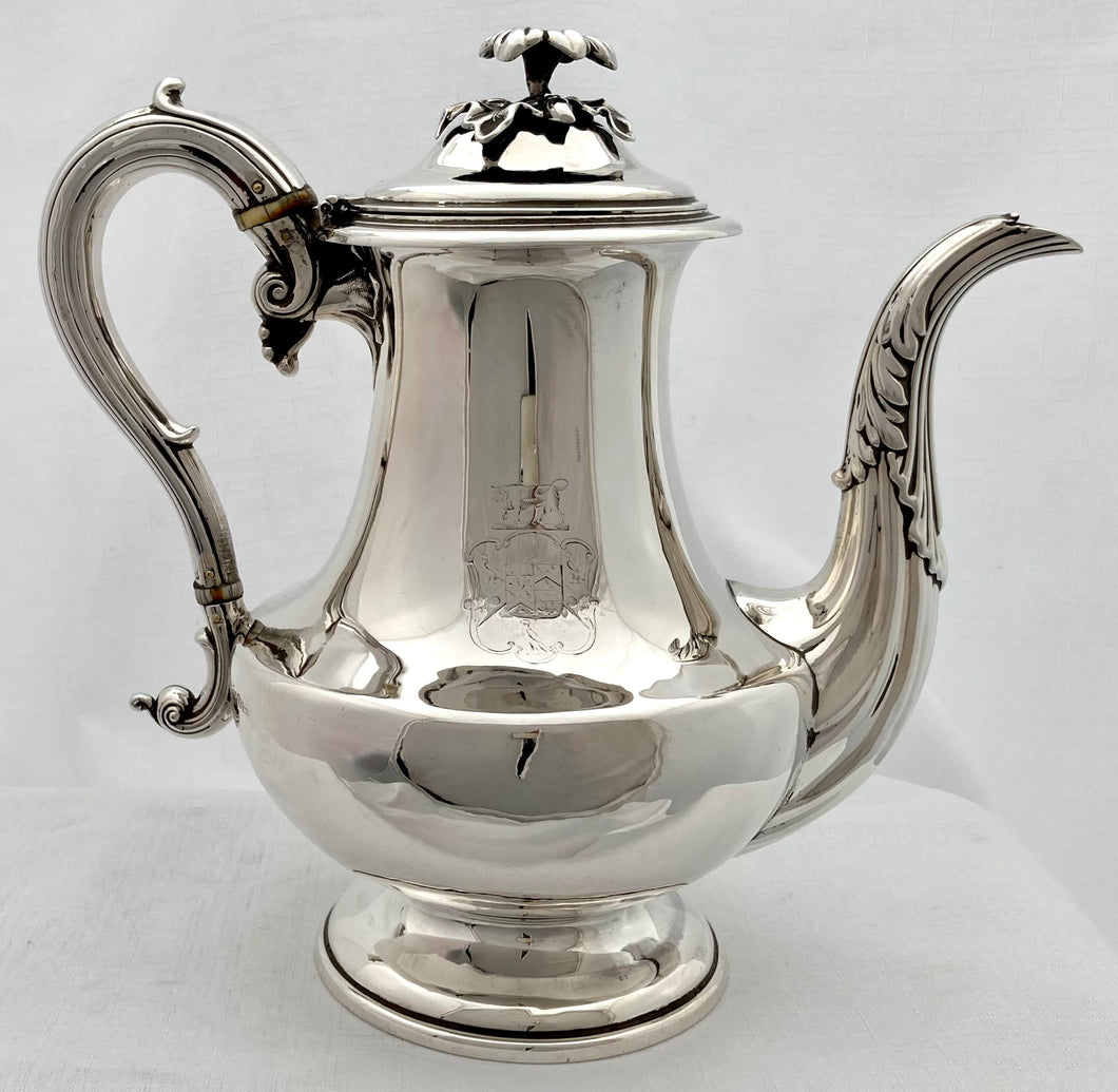 William IV Silver Coffee Pot. Arms of Ridley & Johnson. Sheffield 1835 Hawksworth & Eyre. 23.9 troy ounces.