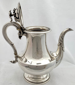 William IV Silver Coffee Pot. Arms of Ridley & Johnson. Sheffield 1835 Hawksworth & Eyre. 23.9 troy ounces.