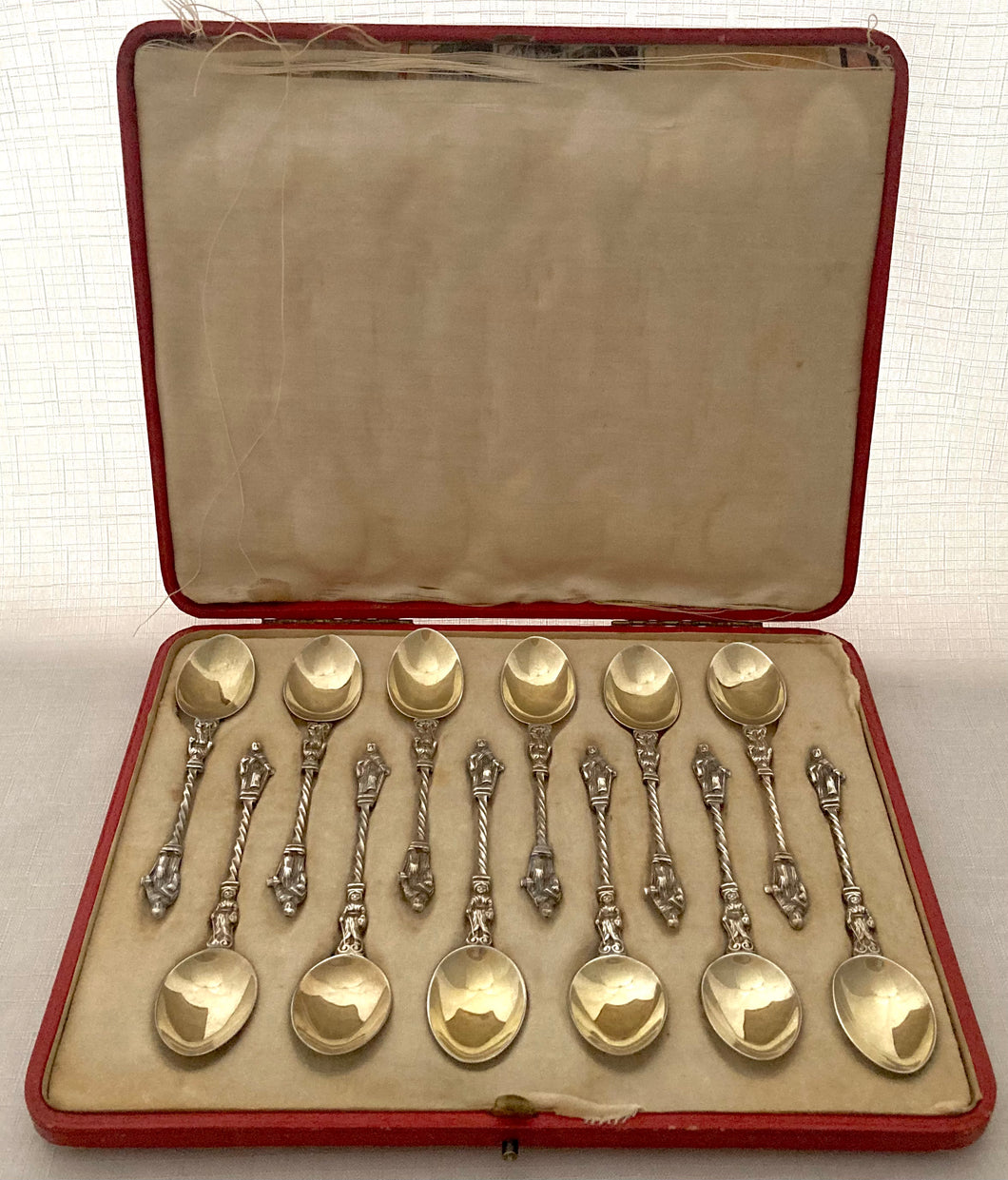 Edwardian Cased Set of Twelve Silver Gilt Apostle Spoons. London 1907 Charles Boyton & Son Ltd. 4.6 troy ounces.