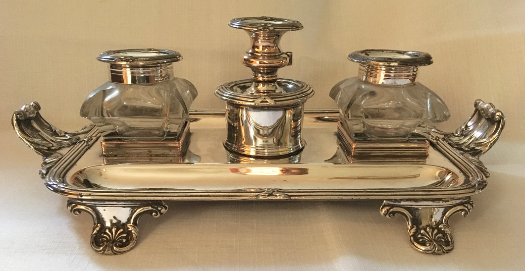 Late Georgian Sheffield Plated twin inkstand with central taper stick holder.