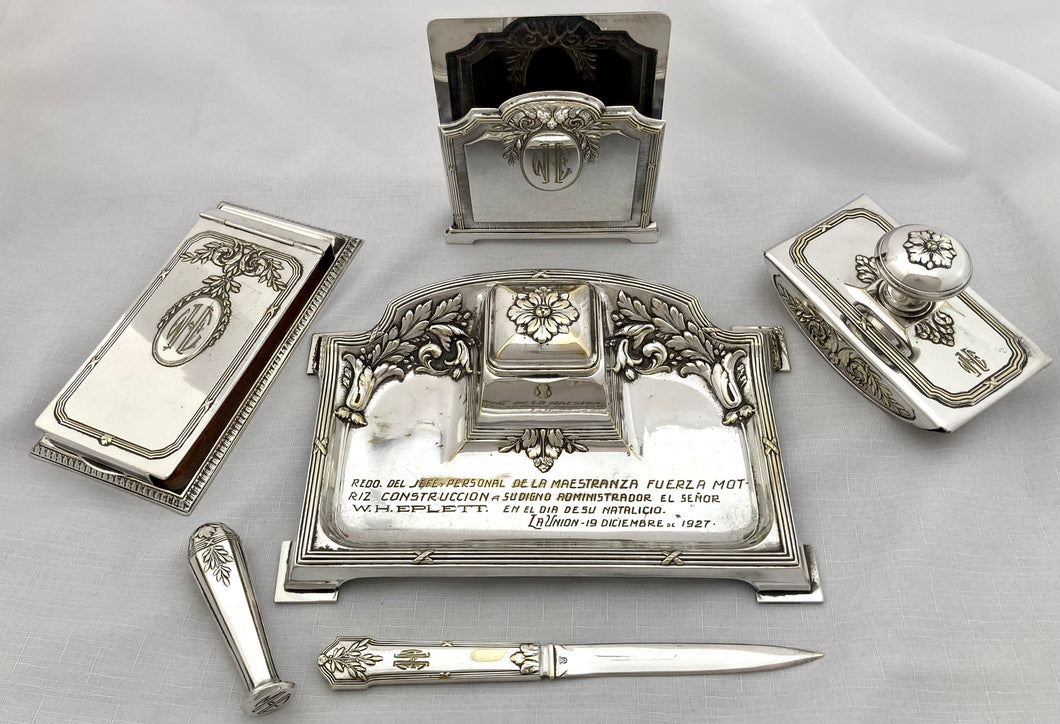 Art Deco Six Piece Silver Plated Desk Set, circa 1927.