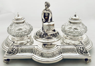Victorian Silver Figural Inkstand: Bugle Major Alexander White, 52nd Light Infantry. Sheffield 1866 Fenton Brothers. 32 troy ounces.