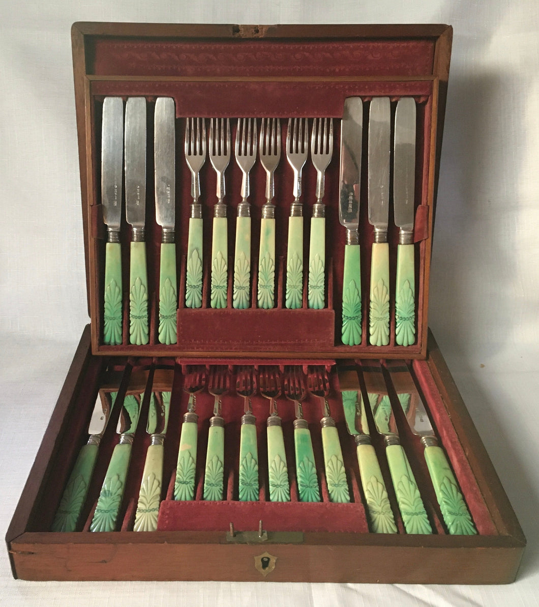 Victorian Silver & Ivory Dessert Knives & Forks for Twelve. Sheffield 1846 John Oxley.