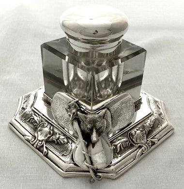 Silver Plated & Cut Glass Hunting Themed Inkwell. Roberts & Belk, Sheffield.