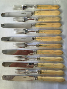 Early Victorian cased set of silver and ivory dessert knives and forks for six. Sheffield 1846 Thomas Sansom