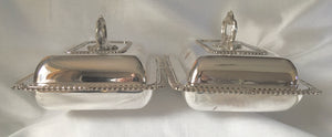 Late Georgian, pair of Old Sheffield Plate entree  dishes and covers. Marital Arms for Smith and Maberly.