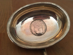 Georgian white metal toddy ladle, inset with George III silver shilling dated 1787.