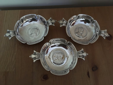 Asprey full set of three silver quaich bowls with crown handles commemorating 1936 when Britain had three Kings. All signed by R. E. Stone. London 1936 Asprey