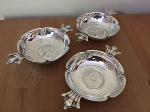 Asprey full set of three silver quaich bowls with crown handles commemorating 1936 when Britain had three Kings. All signed by R. E. Stone. London 1936 Asprey