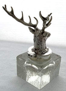 Silver Plated and Etched Cut Glass Stag Inkwell. Haseler Brothers, Birmingham.