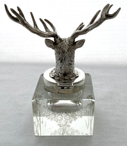 Silver Plated and Etched Cut Glass Stag Inkwell. Haseler Brothers, Birmingham.