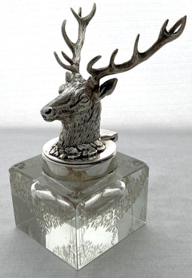 Silver Plated and Etched Cut Glass Stag Inkwell. Haseler Brothers, Birmingham.