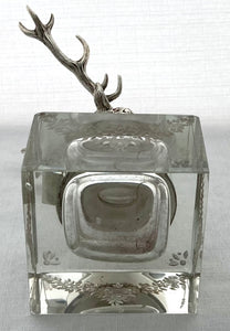 Silver Plated and Etched Cut Glass Stag Inkwell. Haseler Brothers, Birmingham.