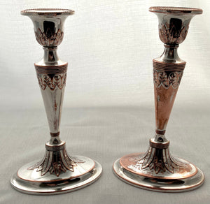 Georgian, George III, Pair of Old Sheffield Plate Candlesticks, circa 1800 - 1810.