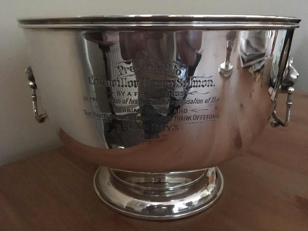 Silver punchbowl. London 1914 William Hutton. 44.85 troy ounces. World War One military interest, Hartlepool Bombardment.