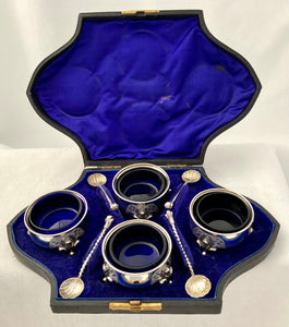 Victorian Cased Set of Four Silver Salts & Matching Silver Spoons. Birmingham 1877 Hilliard & Thomason. 6.1 troy ounces.