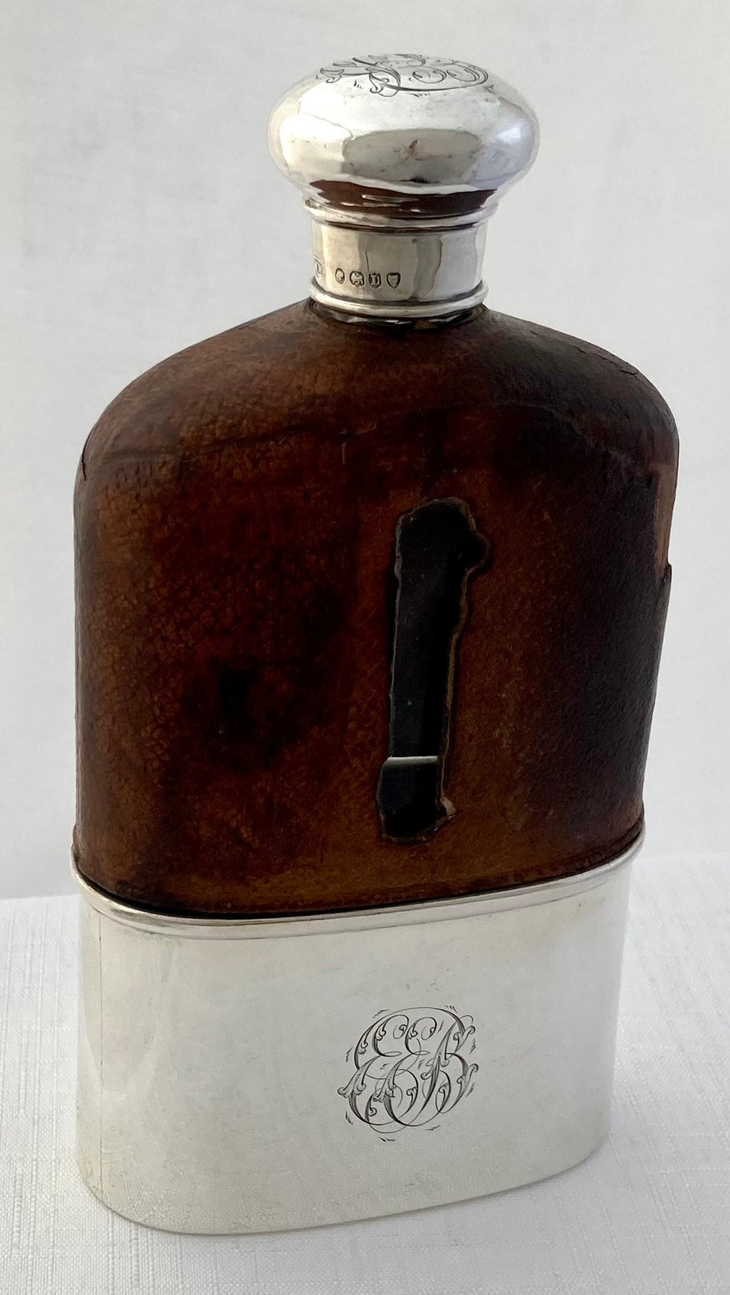 Victorian Silver and Leather Glass Hip Flask. London 1886 Moritz Wolfsky.