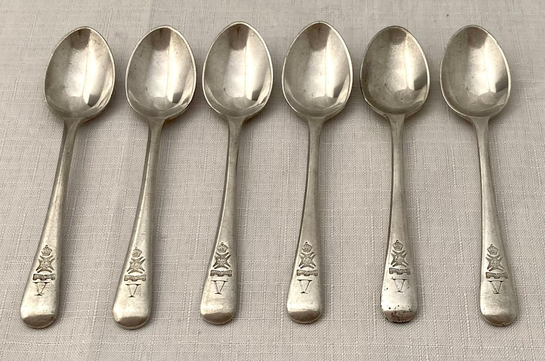 Six Silver Plated Coffee Spoons, 5th Battalion Sherwood Foresters, Nottinghamshire & Derby Regiment.
