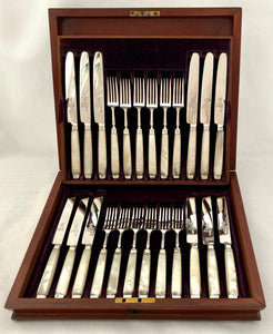 Georgian, George III, Cased Set of Crested Silver & Mother of Pearl Dessert Knives & Forks for Twelve, circa 1810.