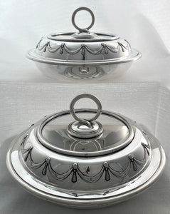 Pair of Crested Silver Plated Circular Entree Dishes & Covers. Retailed by Asprey.