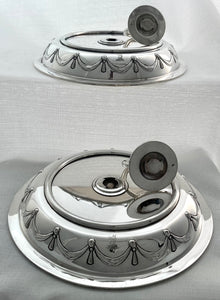 Pair of Crested Silver Plated Circular Entree Dishes & Covers. Retailed by Asprey.