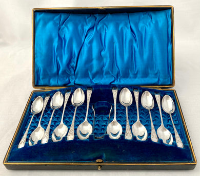 Aesthetic Movement Set of Twelve Silver Coffee Spoons & Tongs. Sheffield 1903 Arthur & Co. Ltd. 4 troy ounces.