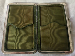 Victorian silver framed green leather card case with monogram. London 1888 Drew & Sons.
