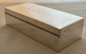 George VI Silver Cigarette Box, Presented to Commander H. West, Royal Navy. London 1945 William Comyns & Sons Ltd.