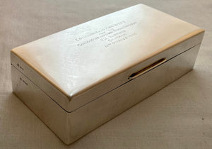 George VI Silver Cigarette Box, Presented to Commander H. West, Royal Navy. London 1945 William Comyns & Sons Ltd.