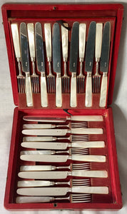 Georgian, George III, silver & mother of pearl dessert knives & forks for twelve in original fitted case. Sheffield 1817.