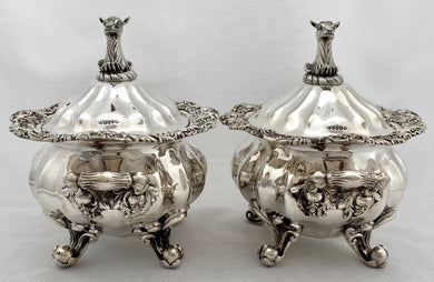 Victorian Pair of Silver Plated Mask Head Sauce Tureens. Birmingham circa 1860 G.R. Collis & Co.